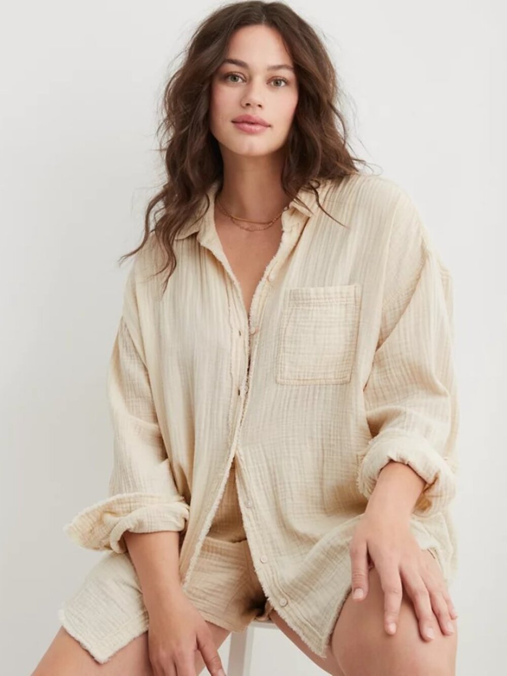 Aerie Gauzy Coverup Shirt Cream Soft Oat Oversized 100% Cotton XS